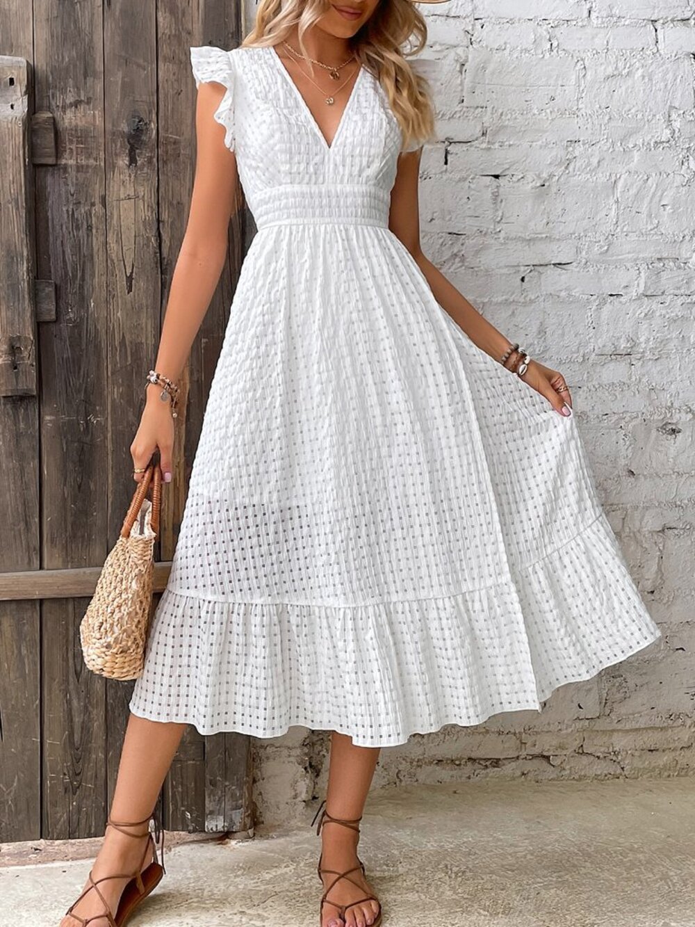 White Casual Women's Ruffle Trim Wrap Hem Maxi Dress - Picture 6 of 6